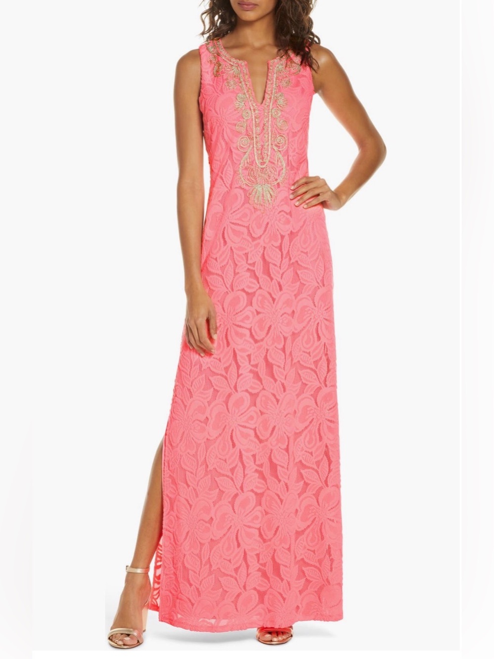 Size 16 Lilly Pulitzer Bright Pink Maxi Dress with Gold Embroidery